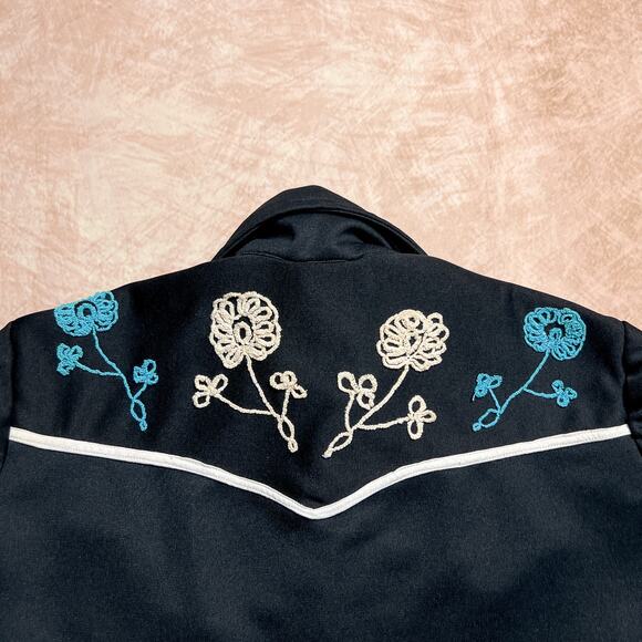 Vintage 70s Floral Embroidered Polyester Western Shirt Black Pearl Snap Cowboy - Picture 3 of 7